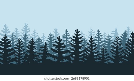 Paisagem florestal vetorial com silhuetas de árvores perenes