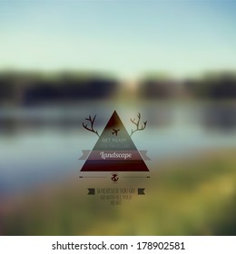 Vector forest landscape with triangle badge. Outdoor. Countryside nature with hipster badge. Forest. retro label design with deer horns. Retro backdrop. Blur. Fishing. Fishing Label