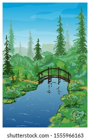 Vector forest landscape with a wooden bridge over a stream, trees and fir trees. Forest river in the wilderness. Flat cartoon style drawing.