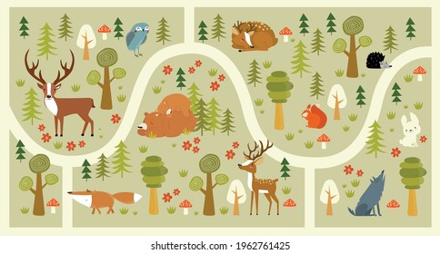 Vector forest maze with animals. Cartoon Forest Animals. Path in the forest. Game for children. Children's play mat.
