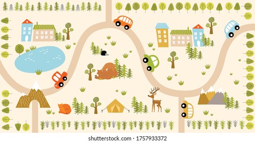 Vector Forest Maze With Animals, Road, Houses. Cartoon Forest Animals. Path In The Forest. Game For Children. Children's Play Mat.
