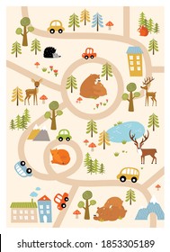 Vector forest maze with animals, road, houses. Cartoon Forest Animals. Path in the forest. Game for children. Children's play mat.
