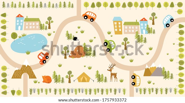 Vector forest maze with animals, road, houses.\
Cartoon Forest Animals. Path in the forest. Game for children.\
Children\'s play mat.\
