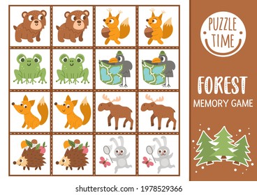 Vector forest memory game cards with cute animals. Woodland matching activity. Remember and find correct card. Simple wildlife printable worksheet for kids with bear, squirrel, moose, rabbit. 


