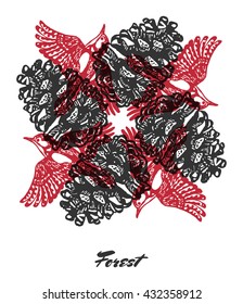 Vector Forest mood Engraved fractal outlet composition. Bright colored composition with forest woodpecker and pine cone