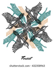 Vector Forest mood Engraved fractal outlet composition. Bright colored composition with forest woodpecker, and wolf