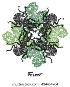 Vector Forest mood Engraved fractal outlet composition. Bright colored composition with forest stag beetle and oak leaves