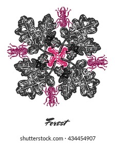 Vector Forest mood Engraved fractal outlet composition. Bright colored composition with forest stag beetle and oak leaves