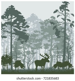 Vector forest morning landscape with moose in light gray-green tones