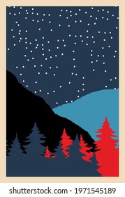 vector forest with mountain and beautyfull night sky with stars
