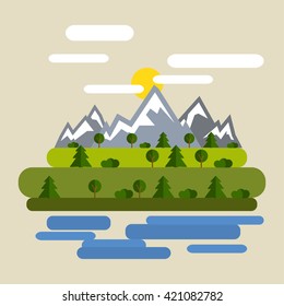 Vector forest mountain flat design. Natural landscapes. Summer landscape