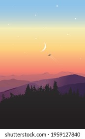 Vector, Forest and Mountain Silhouette at Sunset.