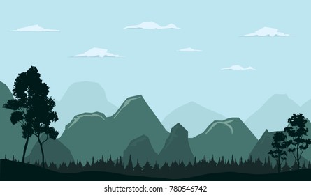 vector forest and mountains illustration.nature landscape, cloudy sky