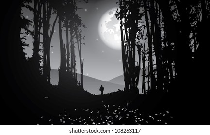 vector forest at night with moon stars and man