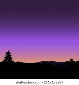 Floresta vetorial à noite com céu roxo é uma ilustração digital que retrata as silhuetas de árvores escuras sob um misterioso céu roxo.