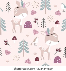 Patrón de bosque vectorial con ciervos para bebés. Animales forestales. Caricatura de ciervo.
