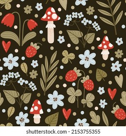 Vector forest pattern with wild plants in flat cartoon style. Amanita, strawberries, flowers and wild herbs seamless pattern.