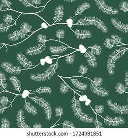 Vector Forest Pine Branch Seamless Repeating Wallpaper Tile - Pinecone And Spruce Tree Branches - Dark Background - Forest Green With White Silhouette Artwork