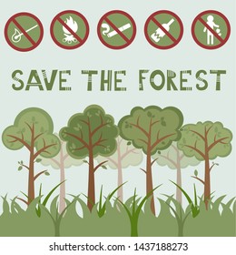 vector forest and prohibition signs, no smoke, no litter, no throw garbage in the forest, do not make a fire, be careful with the fire in the forest, take care of nature