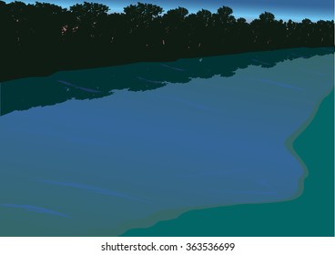 vector forest river morning sunrise outline illustration