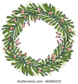 Vector forest round wreath woven from cute sea buckthorn berries and leaves. Ligature frame of stems and petals with coral berries shades.