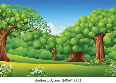 vector forest scene with various forest trees, vector a flat nature background, vector forest scene with hiking track and many trees