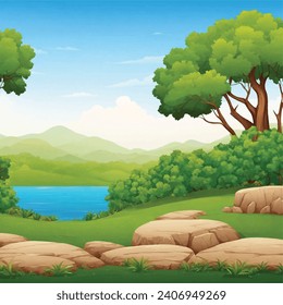 vector forest scene with various forest trees, vector a flat nature background, vector forest scene with hiking track and many trees