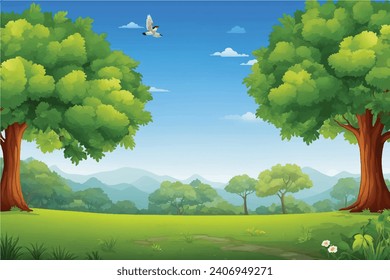 vector forest scene with various forest trees, vector a flat nature background, vector forest scene with hiking track and many trees