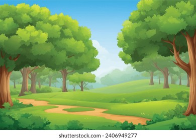 vector forest scene with various forest trees, vector a flat nature background, vector forest scene with hiking track and many trees