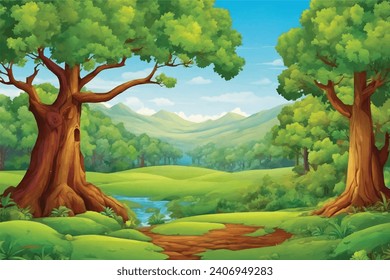 vector forest scene with various forest trees, vector a flat nature background, vector forest scene with hiking track and many trees