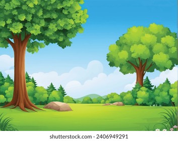 vector forest scene with various forest trees, vector a flat nature background, vector forest scene with hiking track and many trees