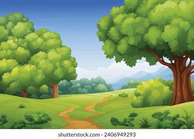 vector forest scene with various forest trees, vector a flat nature background, vector forest scene with hiking track and many trees