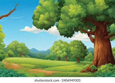 vector forest scene with various forest trees, vector a flat nature background, vector forest scene with hiking track and many trees