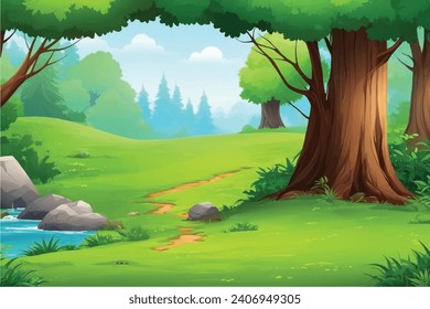 vector forest scene with various forest trees, vector a flat nature background, vector forest scene with hiking track and many trees