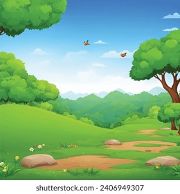 vector forest scene with various forest trees, vector a flat nature background, vector forest scene with hiking track and many trees