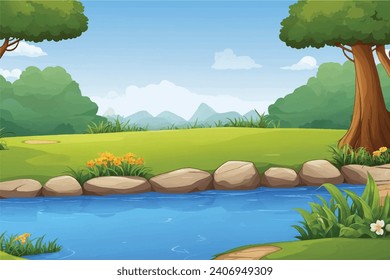 vector forest scene with various forest trees, vector a flat nature background, vector forest scene with hiking track and many trees