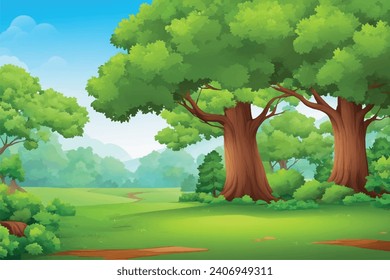 vector forest scene with various forest trees, vector a flat nature background, vector forest scene with hiking track and many trees