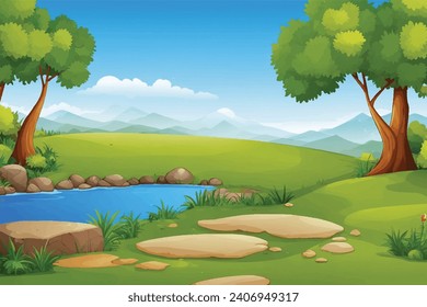 vector forest scene with various forest trees, vector a flat nature background, vector forest scene with hiking track and many trees