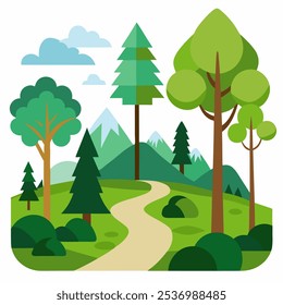 vector forest scene with various forest trees, vector a flat nature background, vector forest scene with hiking track and many trees on white background.