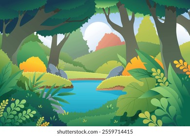 vector forest scene with various forest trees, vector a flat nature background, vector forest scene with hiking track and many trees