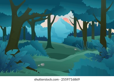 vector forest scene with various forest trees, vector a flat nature background, vector forest scene with hiking track and many trees