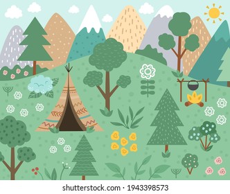 Vector forest scene with wigwam next to fire with mountains in background. Spring or summer woodland scenery with trees and plants. Wild nature landscape illustration or background. 
