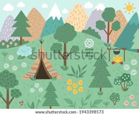Vector forest scene with wigwam next to fire with mountains in background. Spring or summer woodland scenery with trees and plants. Wild nature landscape illustration or background. 
