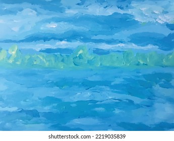 Vector forest and sea at day. Author's handmade. Contemporary art. Mockup design of graphic covers of postcards notebooks.  Abstract fairytale nature. Wild nature painting. 