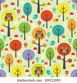 Vector forest seamless pattern with birds, trees and mushrooms