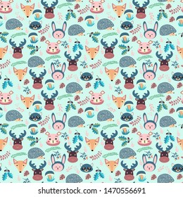 Vector Forest seamless pattern with cute animals fox, deer, bear, rabbit, hedgehog baby shower background.