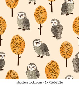 Vector forest seamless pattern with cute watercolor owls and trees. Vector autumn background.