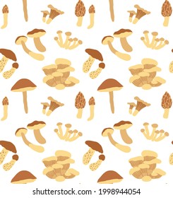 Vector forest seamless pattern with edible mushrooms. Color hand drawn flat illustration of  chanterelle, boletus, polish, cep, oyster, flywheel, morel and honey mushrooms on white background. 