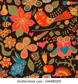 Vector forest seamless pattern. Floral background.Owl, rabbit, butterfly, 	 hedgehog. Use it as pattern fills, web page background, surface textures, fabric or paper, backdrop design. Summer template.