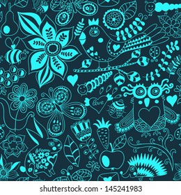Vector forest seamless pattern. Floral background.Owl, rabbit, butterfly, hedgehog. Use it as pattern fills, web page background, surface textures, fabric or paper, backdrop design. Summer template.
